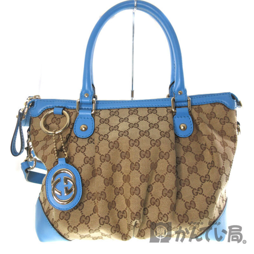 GUCCI Bag Canvas Leather Beige Blue Handbag Shoulder